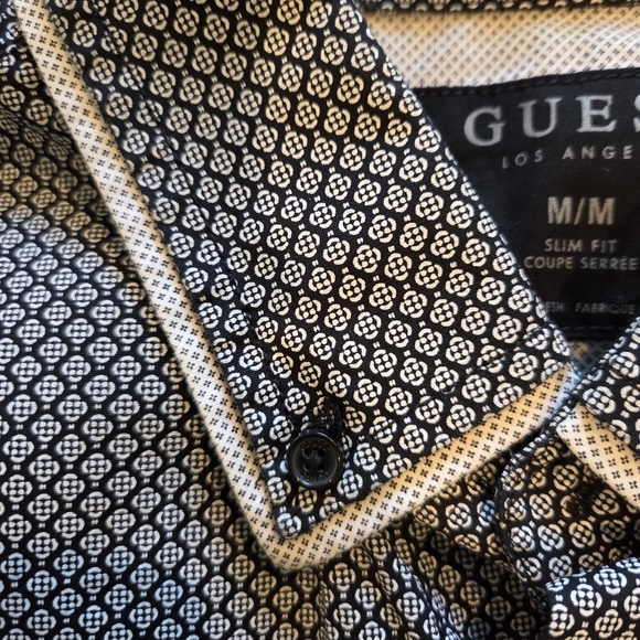 Guess Los Angeles Geometric Print Button Down Shirt M Black And Cream - Picture 2 of 11